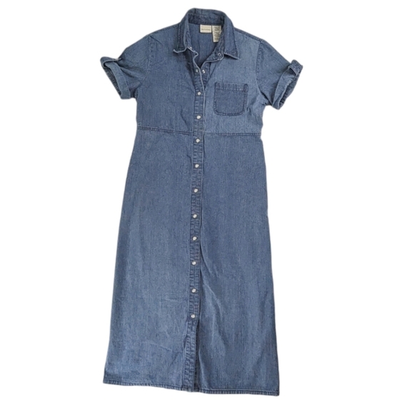 VTG Cuff Short Sleeve Maxi Denim Shirt Dress Check Print Blue - Picture 1 of 9